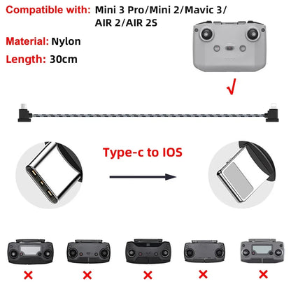 Drone Remote Control Data Cable – Type-C, Micro USB, Lightning – 15cm & 30cm for Mobile/Tablet Connection