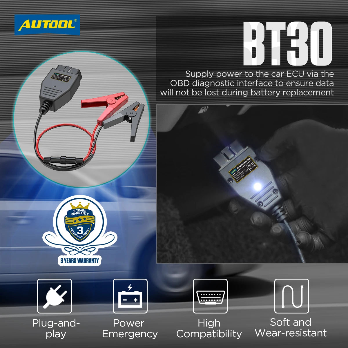 AUTOOL BT30 Car OBD2 ECU Memory Saver – Battery and Data Protection Tool