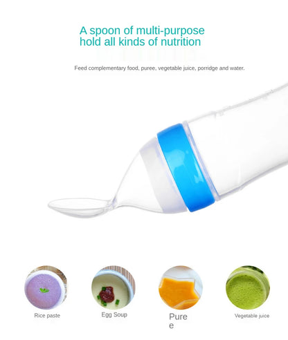 Baby Rice Cereal Spoon with Suction Cup Base – Silicone and ABS – 90 ml Capacity – 1 to 2 Yearsing Bottle Toddler Silicone Squeeze Feeding Spoon Milk Bottle Training Feeder Food Supplement Tools