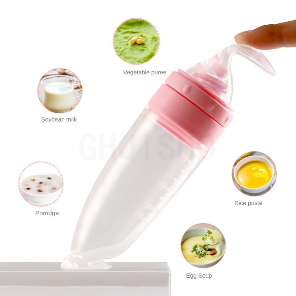 Baby Rice Cereal Spoon with Suction Cup Base – Silicone and ABS – 90 ml Capacity – 1 to 2 Yearsing Bottle Toddler Silicone Squeeze Feeding Spoon Milk Bottle Training Feeder Food Supplement Tools