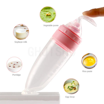Baby Rice Cereal Spoon with Suction Cup Base – Silicone and ABS – 90 ml Capacity – 1 to 2 Yearsing Bottle Toddler Silicone Squeeze Feeding Spoon Milk Bottle Training Feeder Food Supplement Tools