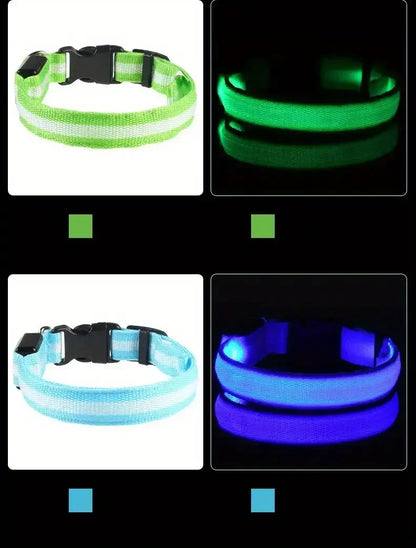 LED Light-Up Dog Collar – Adjustable Nylon Safety Collar with Battery – XS to XL Sizes
