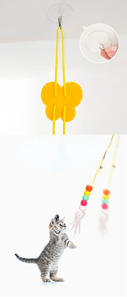 Interactive Hanging Cat Toy – Feather & Bell Teaser on Elastic Rope – 1.8m Adjustable Length