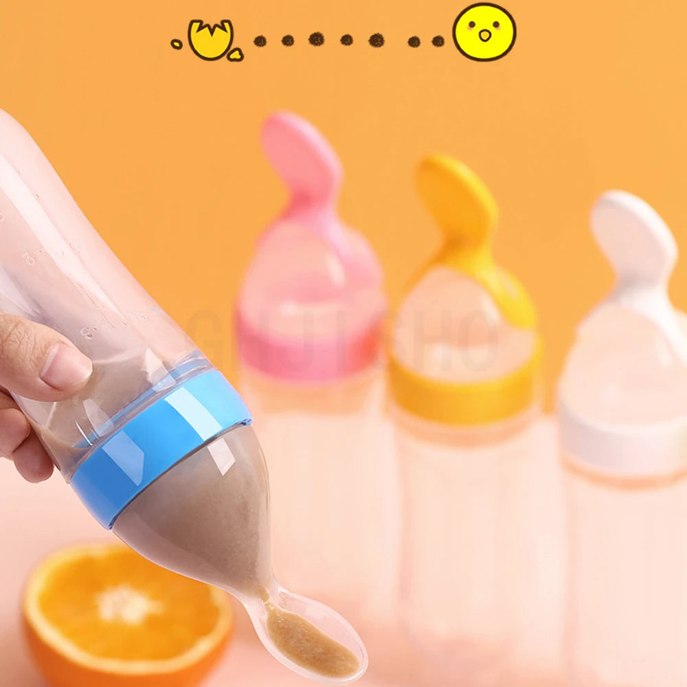 Baby Rice Cereal Spoon with Suction Cup Base – Silicone and ABS – 90 ml Capacity – 1 to 2 Yearsing Bottle Toddler Silicone Squeeze Feeding Spoon Milk Bottle Training Feeder Food Supplement Tools