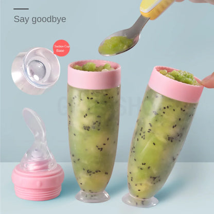 Baby Rice Cereal Spoon with Suction Cup Base – Silicone and ABS – 90 ml Capacity – 1 to 2 Yearsing Bottle Toddler Silicone Squeeze Feeding Spoon Milk Bottle Training Feeder Food Supplement Tools