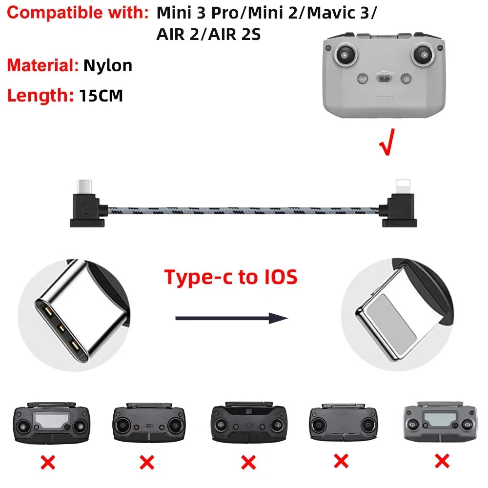 Drone Remote Control Data Cable – Type-C, Micro USB, Lightning – 15cm & 30cm for Mobile/Tablet Connection
