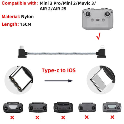 Drone Remote Control Data Cable – Type-C, Micro USB, Lightning – 15cm & 30cm for Mobile/Tablet Connection