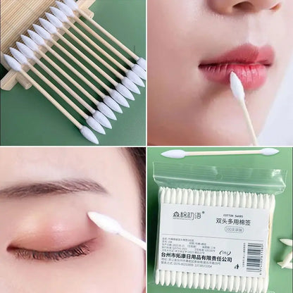 100 Pcs Double-Pointed Natural Cotton Buds with Bamboo Sticks – Precise Cleaning and Beauty Tool