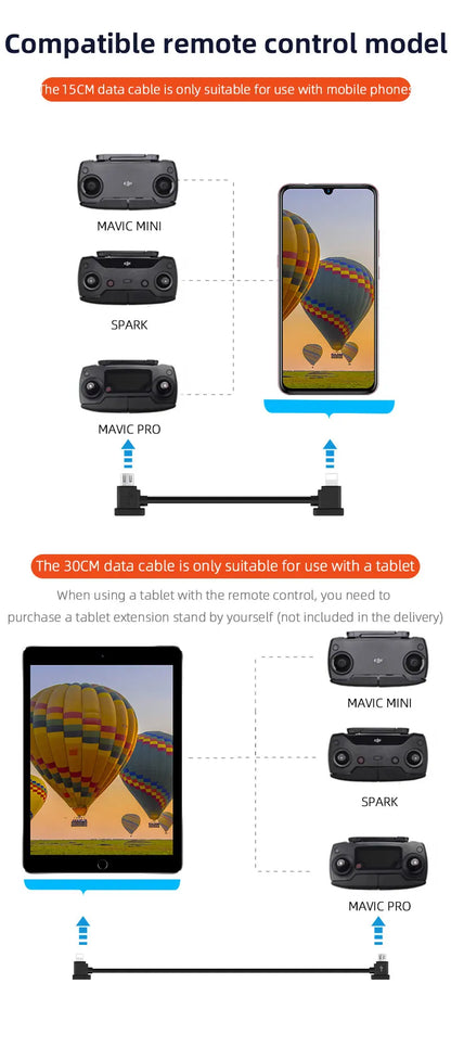 Drone Remote Control Data Cable – Type-C, Micro USB, Lightning – 15cm & 30cm for Mobile/Tablet Connection