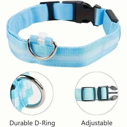 LED Light-Up Dog Collar – Adjustable Nylon Safety Collar with Battery – XS to XL Sizes