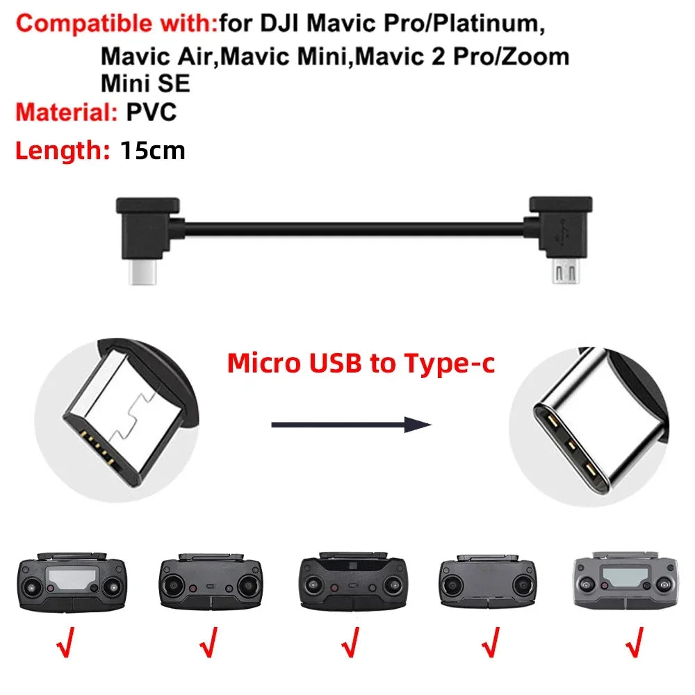 Drone Remote Control Data Cable – Type-C, Micro USB, Lightning – 15cm & 30cm for Mobile/Tablet Connection