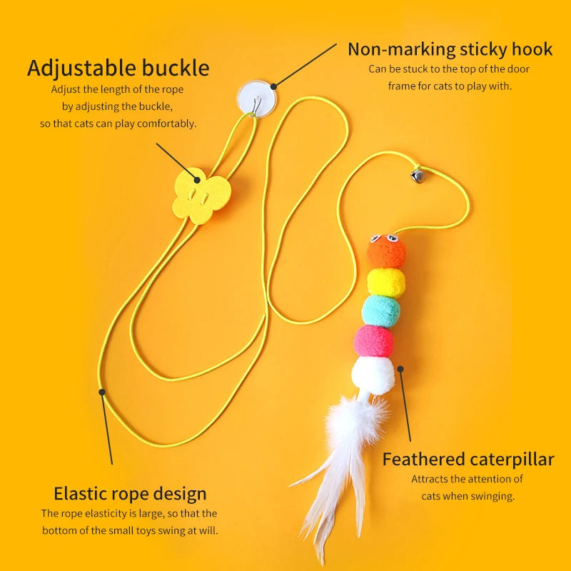 Interactive Hanging Cat Toy – Feather & Bell Teaser on Elastic Rope – 1.8m Adjustable Length
