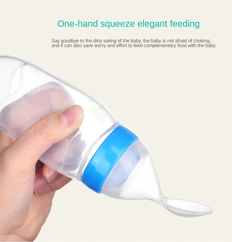Baby Rice Cereal Spoon with Suction Cup Base – Silicone and ABS – 90 ml Capacity – 1 to 2 Yearsing Bottle Toddler Silicone Squeeze Feeding Spoon Milk Bottle Training Feeder Food Supplement Tools
